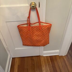 Orange Patterned Canvas Tote with Leather Trim